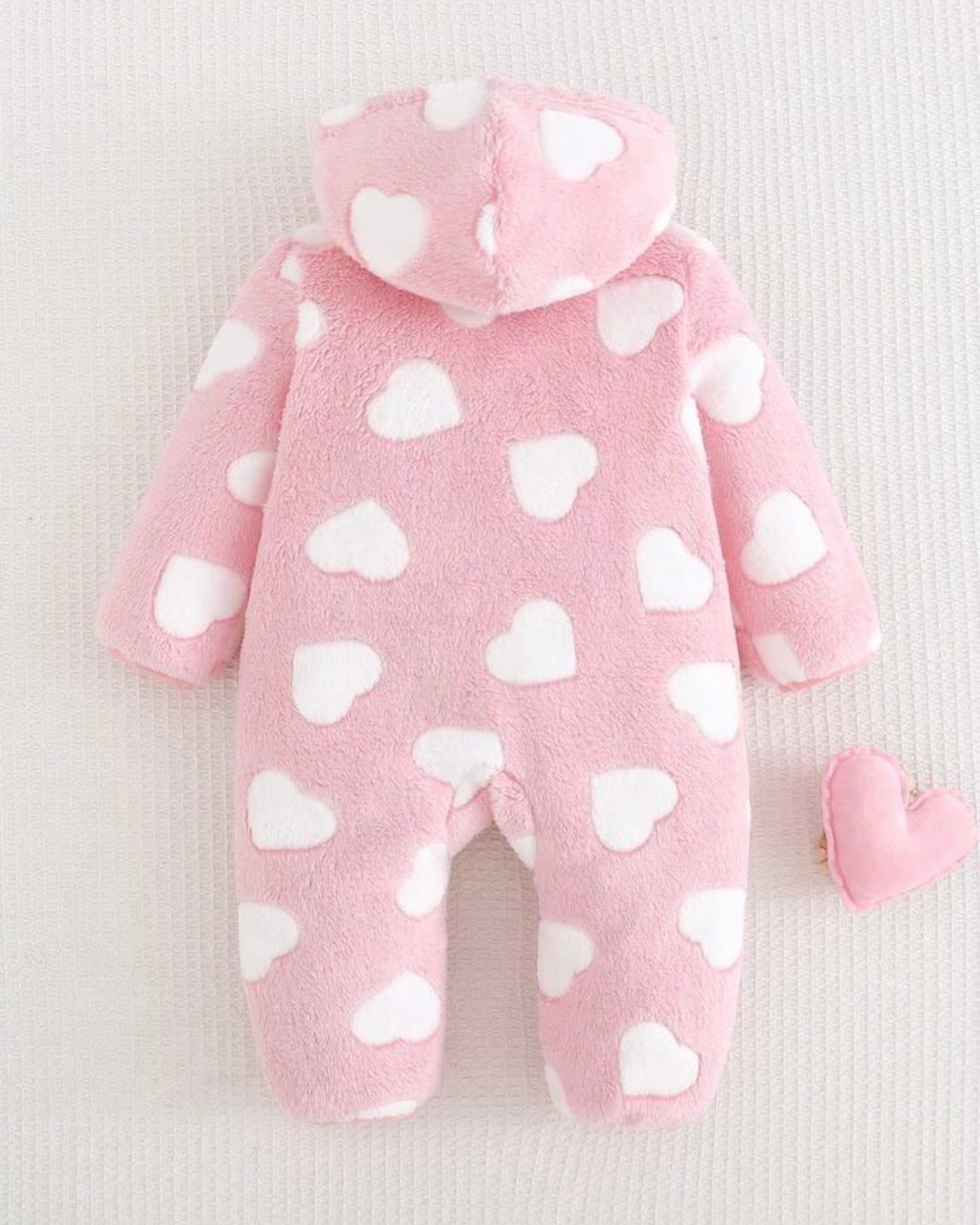 Baby Girl Thick Heart Pattern Knit Soft Hooded Long Sleeve Winter Jumpsuit