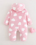 Baby Girl Thick Heart Pattern Knit Soft Hooded Long Sleeve Winter Jumpsuit