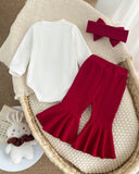 Baby Girls Comfortable Ruffle Long Sleeve Bodysuit With Bow Flare Pants And Headband Set