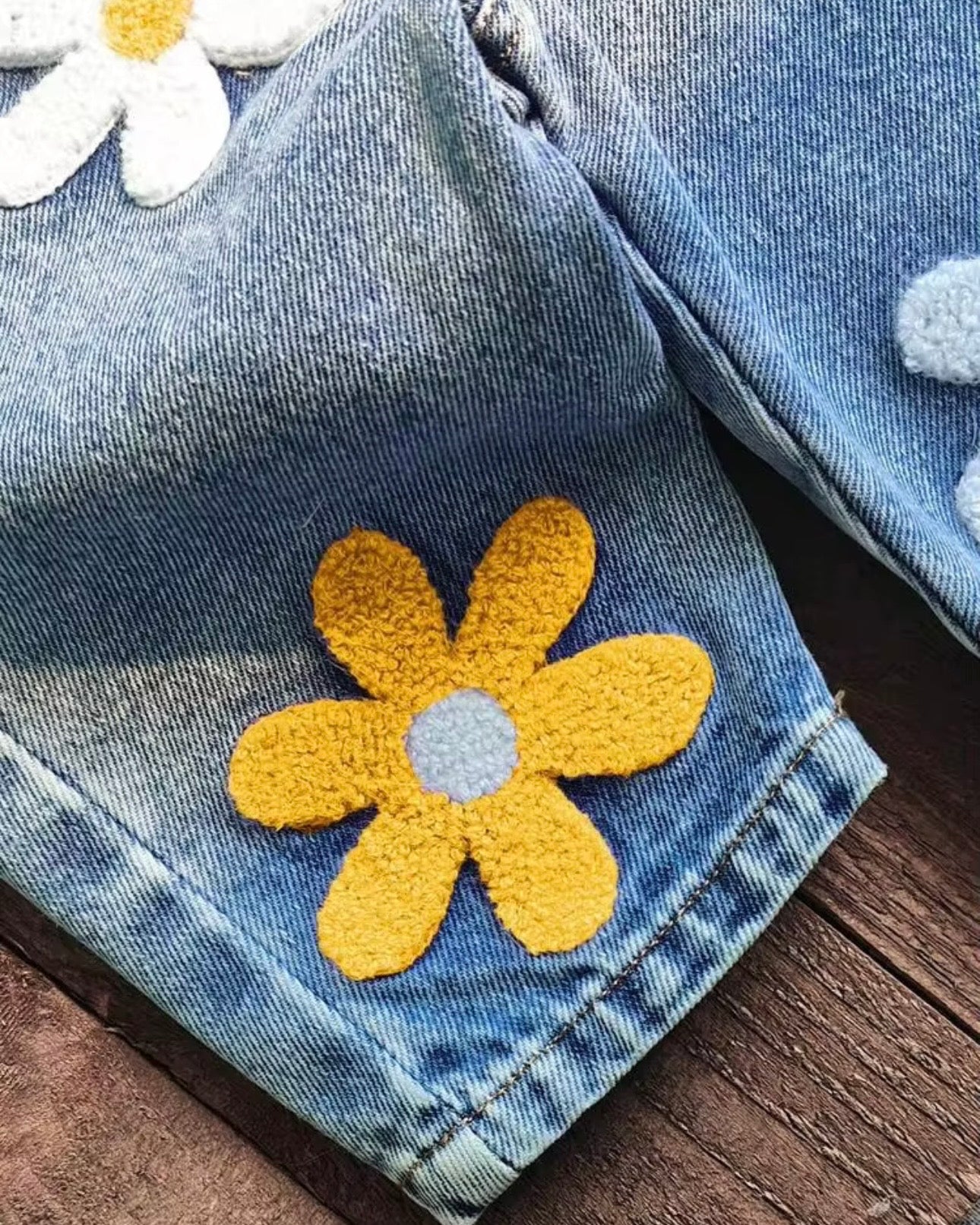 Baby Girls Yellow Floral Embroidered Denim Overall Set