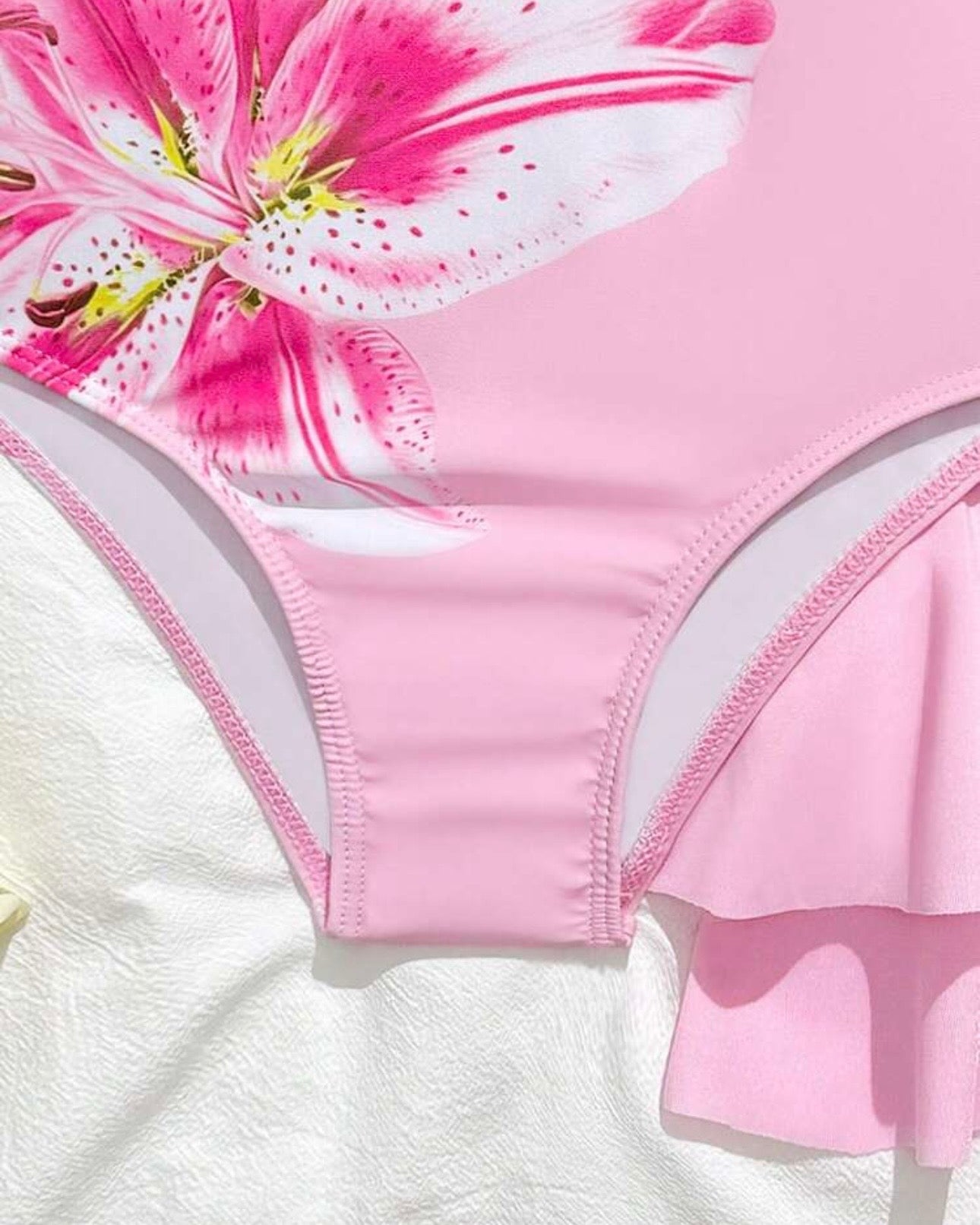 Young Girls Pink Floral Print One-Piece Swimsuit With Ruffle Skirt