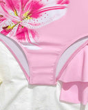 Young Girls Pink Floral Print One-Piece Swimsuit With Ruffle Skirt