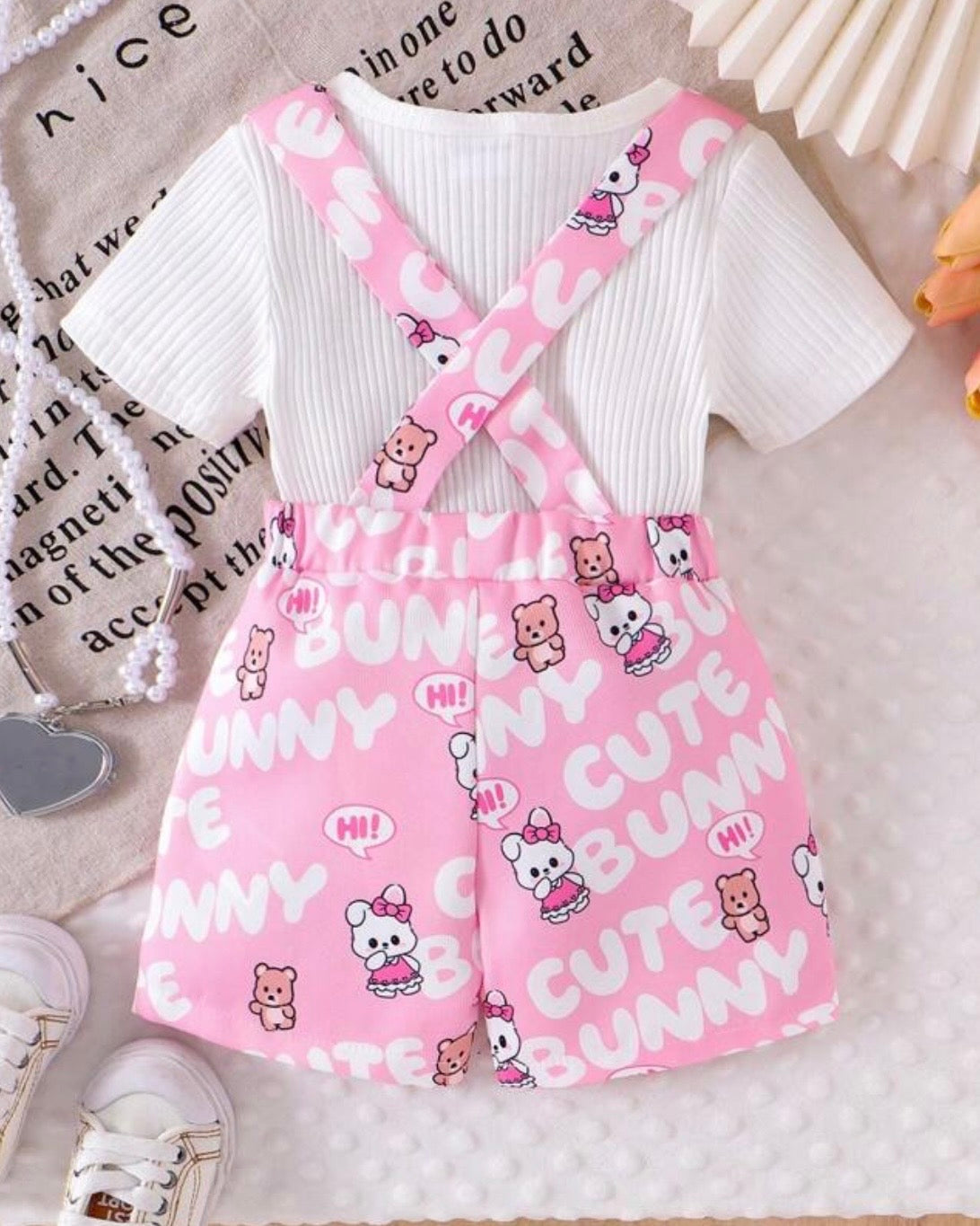 2Pcs Baby Girl Ribbed White T-Shirt & Cartoon Rabbit Bear Pocket Overall Shorts Set
