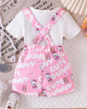 2Pcs Baby Girl Ribbed White T-Shirt & Cartoon Rabbit Bear Pocket Overall Shorts Set