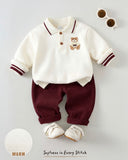 Baby Boy Bear Knitted 2-Piece Winter Outfit- White & Meroon