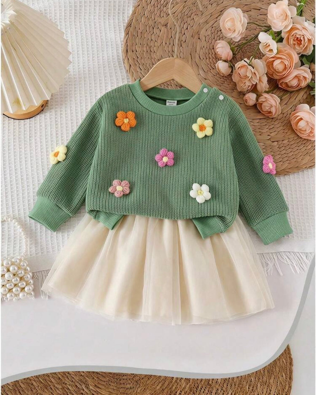 Baby Girl Sage Green 3D Floral Shirt & Cream Tutu Set