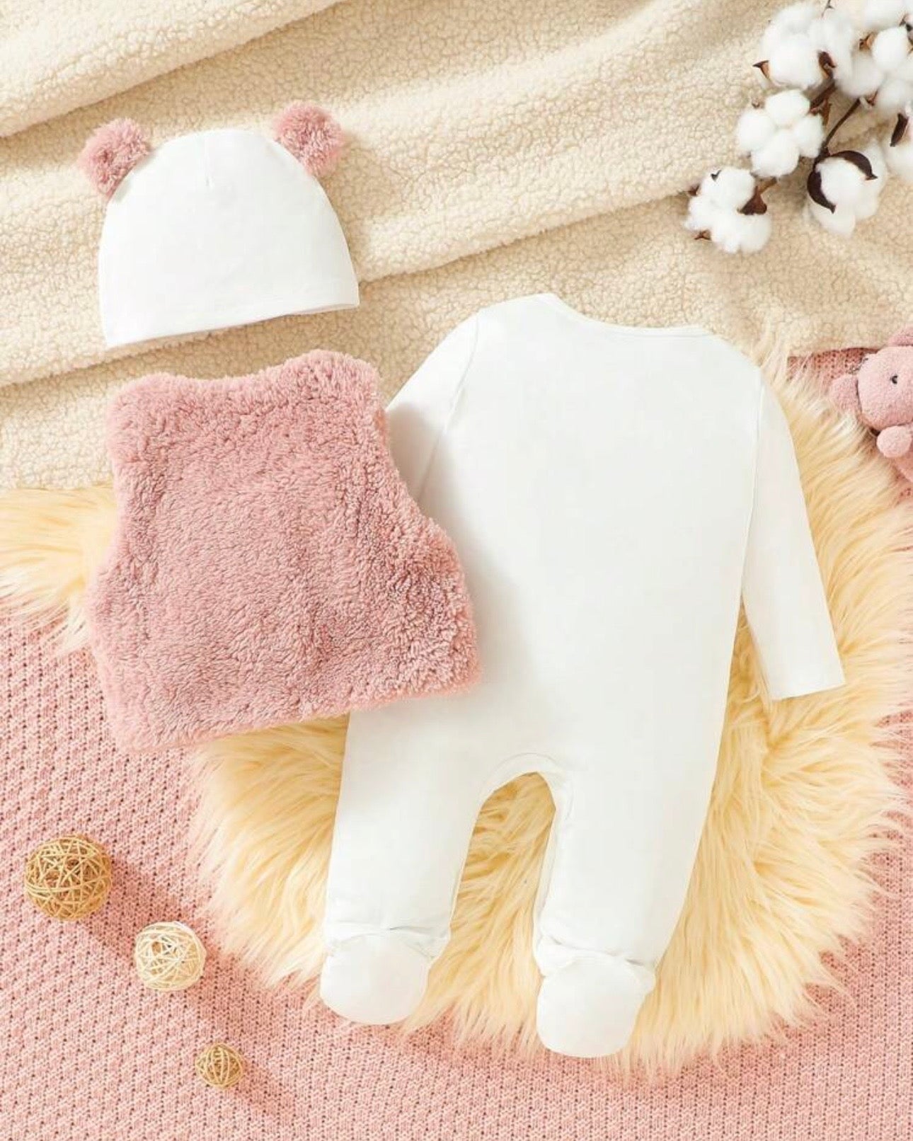 Baby Girl 3pcs Fleece Vest Set With Cute Embroidered Bear