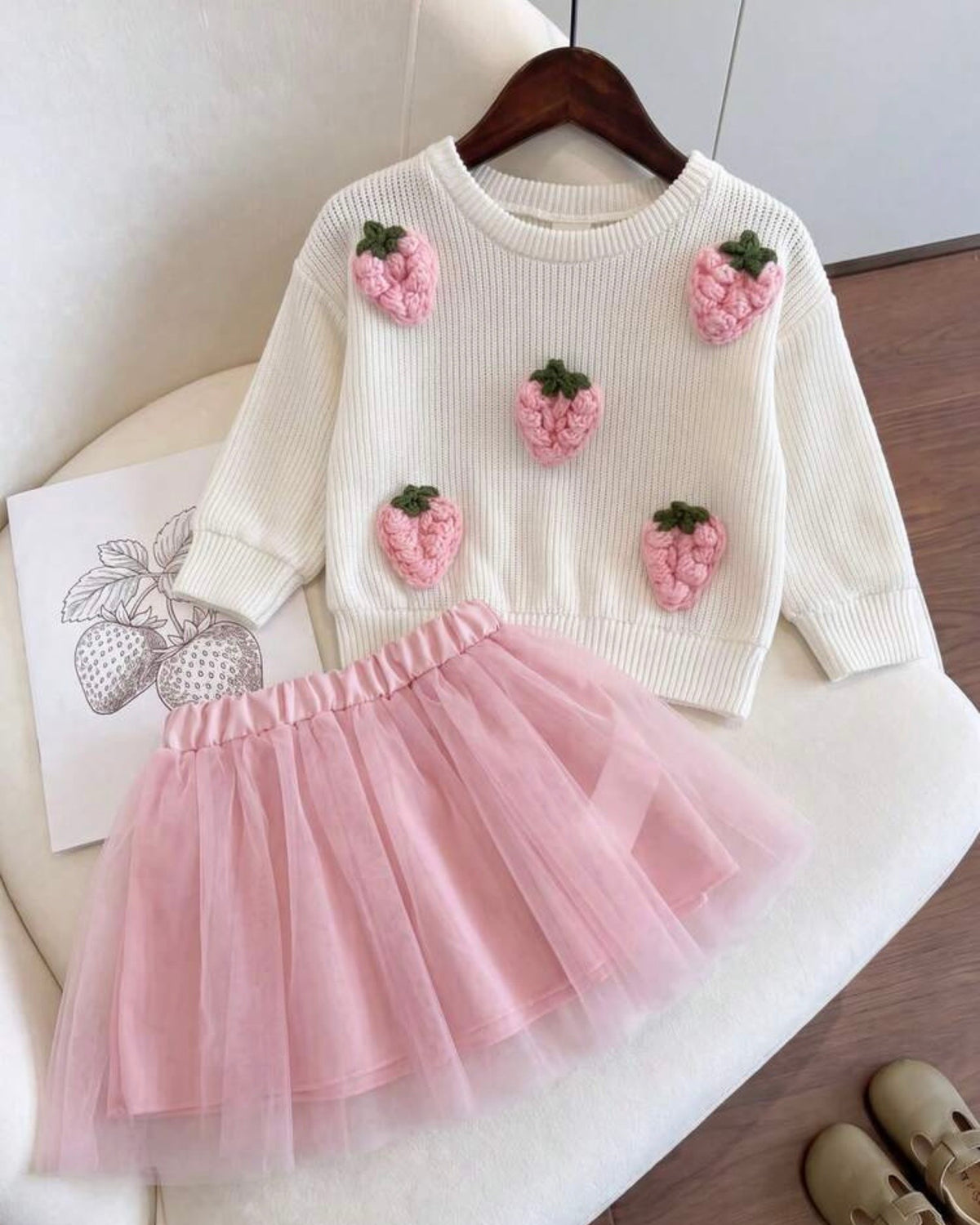 Baby Girl 2-Piece  White Strawberry Top & Pink Mesh Skirt