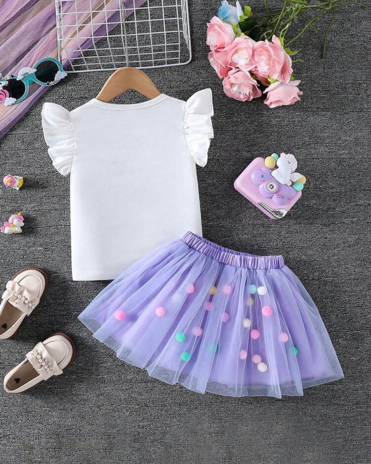 Girls Purple 3D Unicorn Cap Sleeve T-Shirt & Mesh Skirt 2-Piece Set