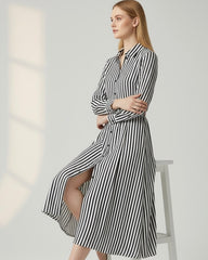 Women's Striped Woven Fabric Long Sleeve Midi Dress Casual Flared Hem Shirt Dress
