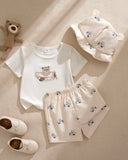 3pc Baby Boy Beige Bear Print Outfit Set – T-Shirt, Shorts & Cap (Summer)