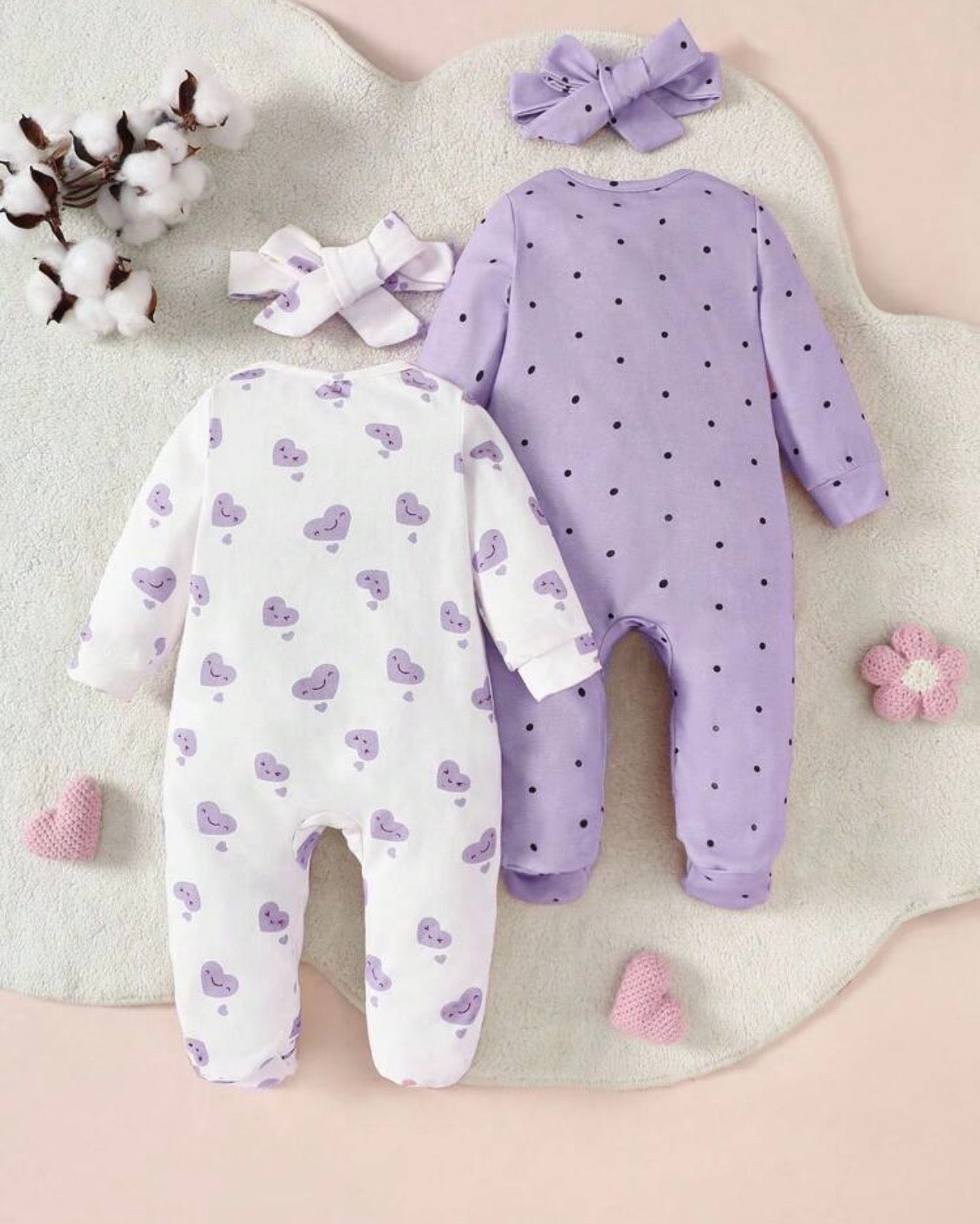 Newborn Baby Girl 4pc Set – Heart & Polka Dot Long Sleeve Zipper Romper with Headband
