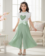 Kids Green Flounce Sleeve Top & Wide Leg Pants Set