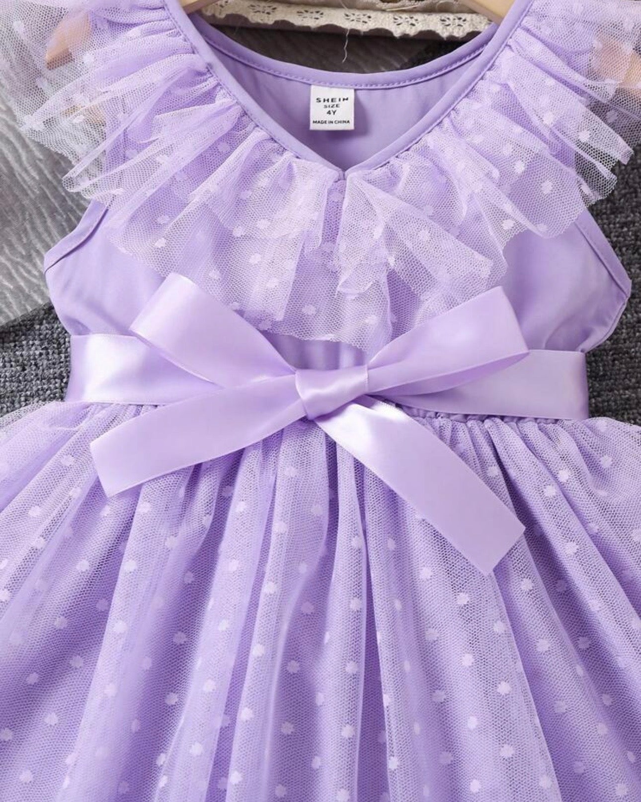 Kids Young Girl V-Neck Mauve purple Mesh Dress With Ruffles And Pleats
