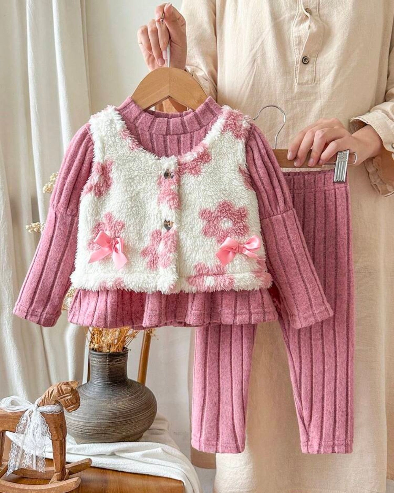 Baby Girls Pink Dress, Vest Jacket & Pants 3-Piece Outfit Set
