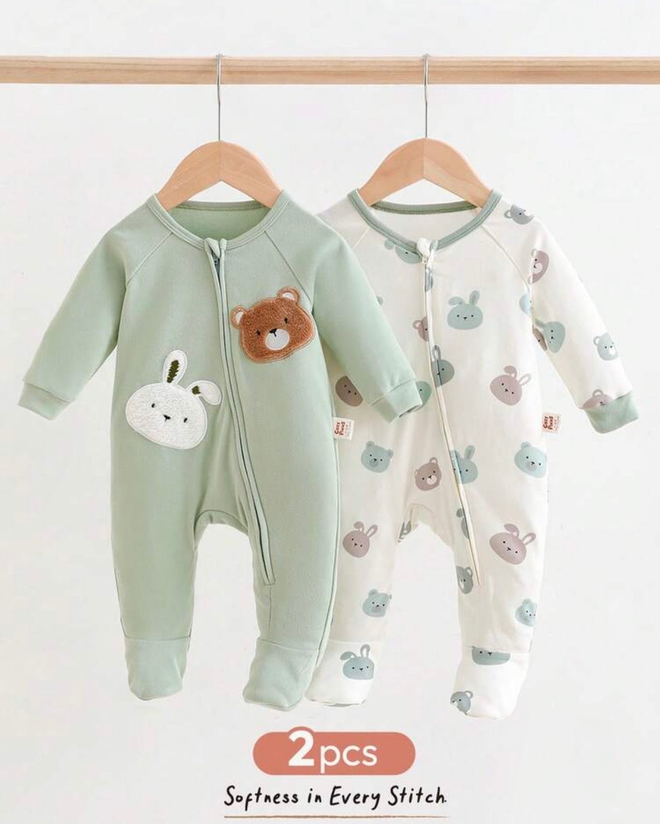 2-Piece Newborn Bear Green Winter Romper Set