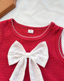 Girls Red Bow Top & Frilled Denim Skirt Set