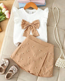 Girls 2-Piece 3D Beige Bow Beaded Outfit Set – Cap Sleeve Top & Beaded Slit Shorts