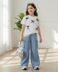 Tween Girl 3D Bow Short Sleeve Top And Cargo Pants Set