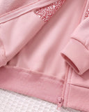 Young Girl Heart Print Hooded Zip-Up Cardigan