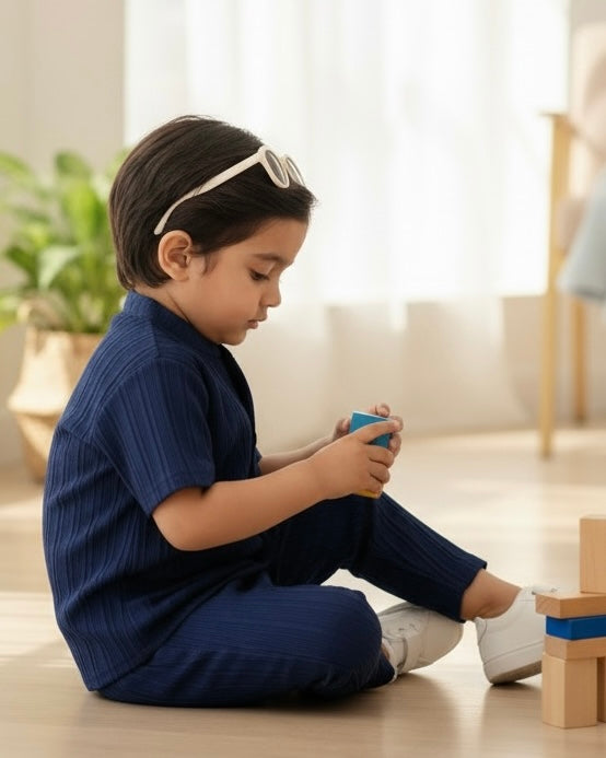 2PCS Boys Navy Blue Outfit Set – Textured Stand Collar Shirt & Trousers