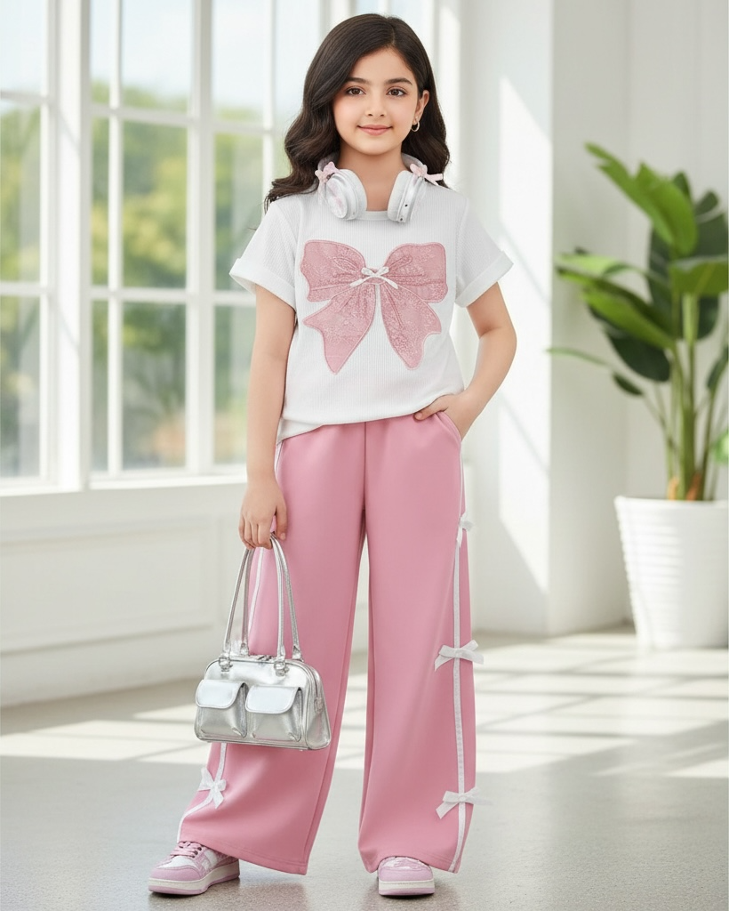Tween Girls Pink Graphic Tee & Bow Pants Set