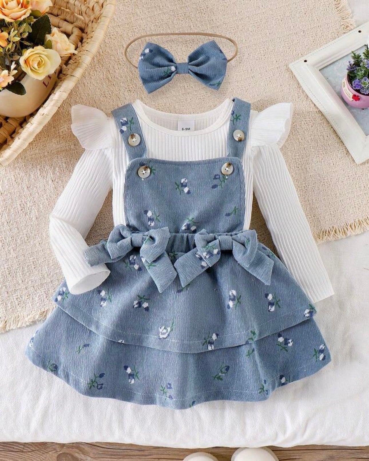 3-Piece Baby Girl  Blue Floral Ruffle Suspender Dress with Top & Bow Headband