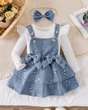 3-Piece Baby Girl  Blue Floral Ruffle Suspender Dress with Top & Bow Headband