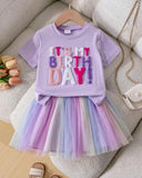 Girls Birthday Embroidery T-Shirt & Colorful Mesh Skirt 2-Piece Set