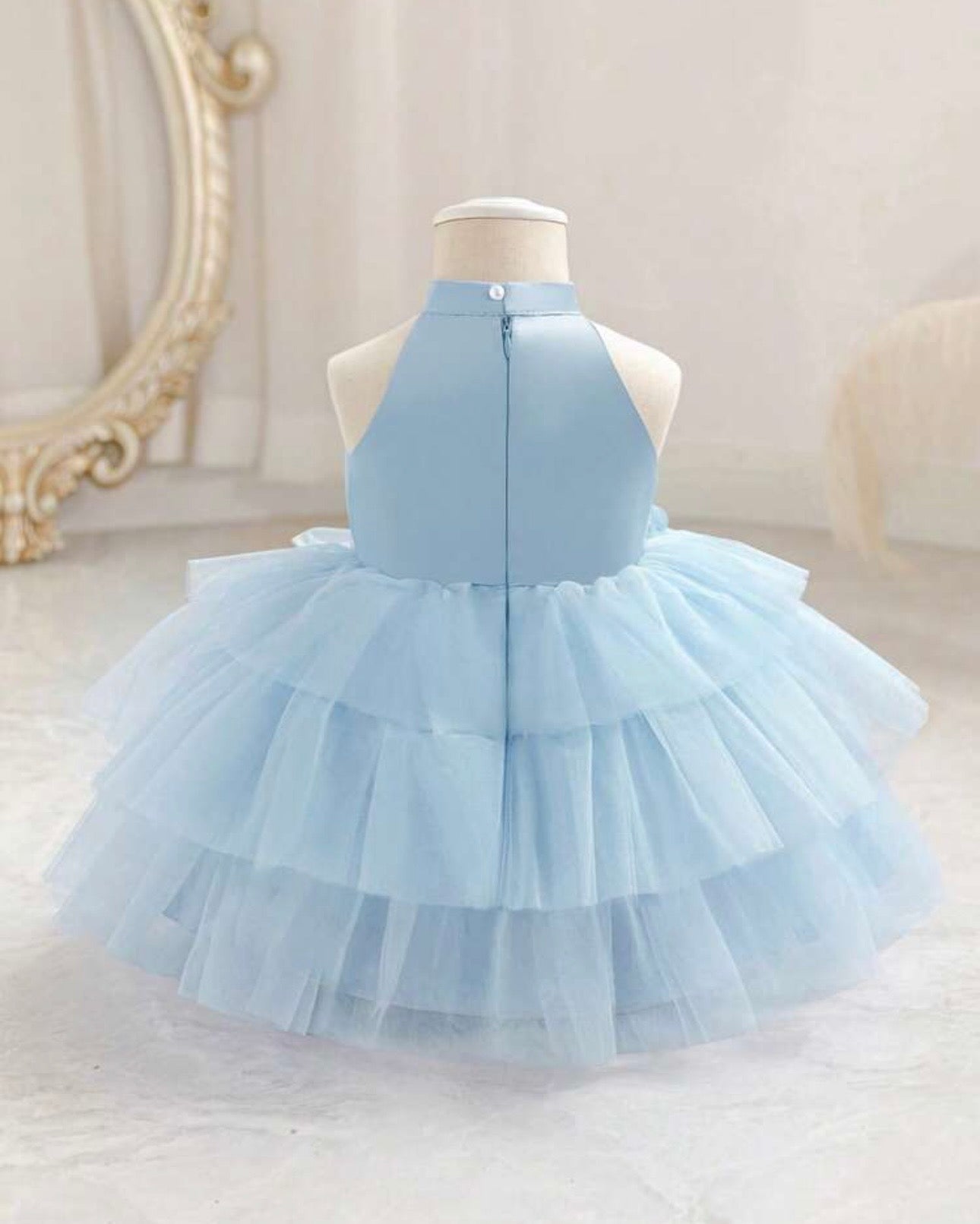 Girls Floral 3D Decor Sleeveless Tulle Ice Blue Dress
