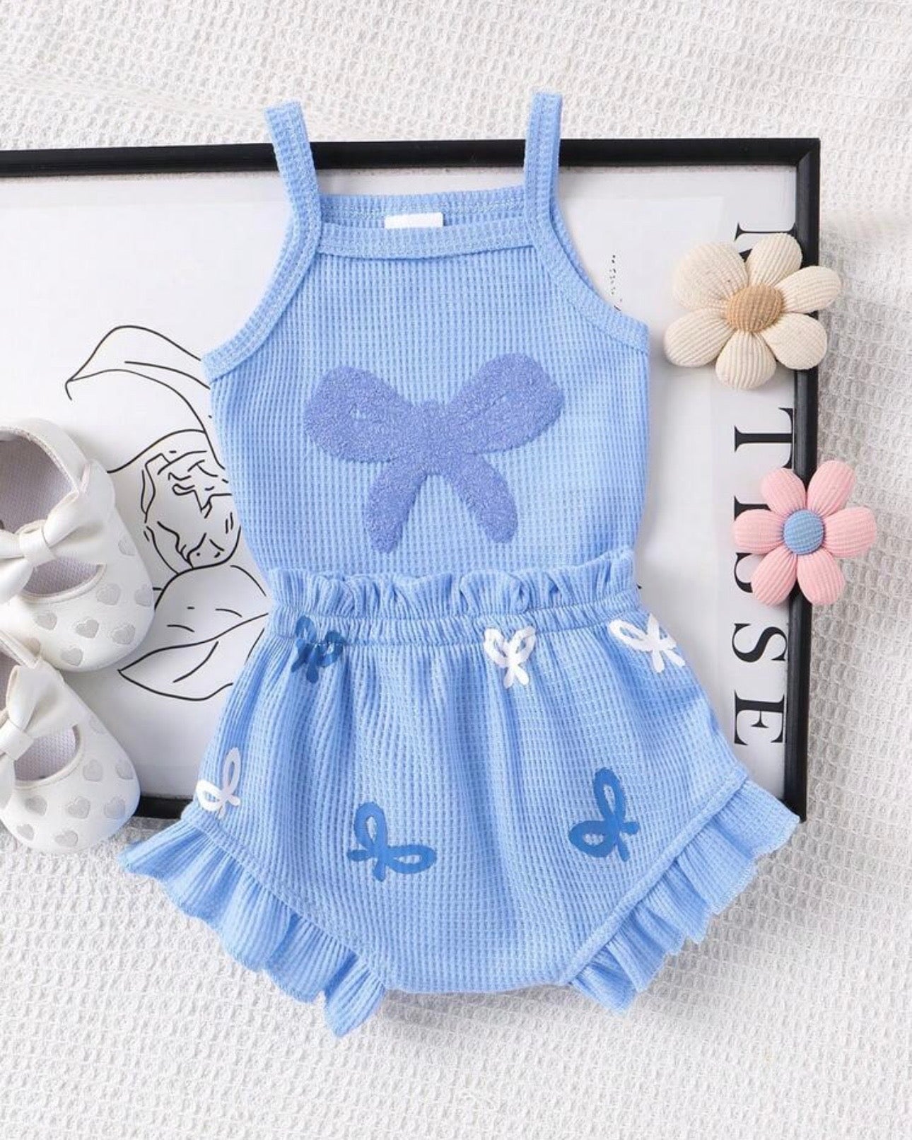 2Pcs Baby Girl Blue Embroidered Camisole Romper & Shorts Set