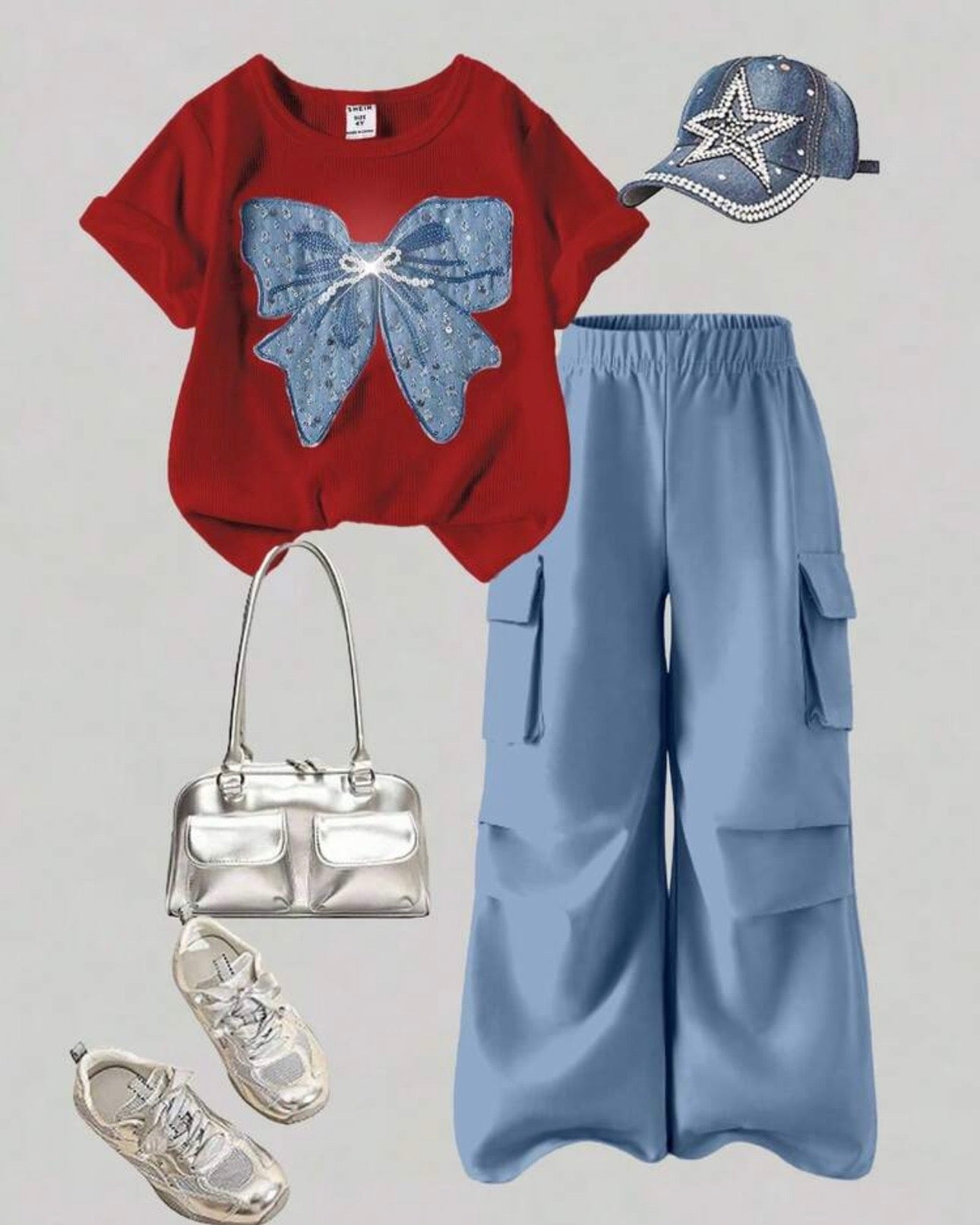 Tween Girls Blue Bow Graphic Red T-Shirt & Cargo Pants Set
