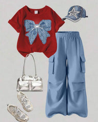 Tween Girls Blue Bow Graphic Red T-Shirt & Cargo Pants Set
