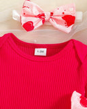 3pcs Baby Girls Red Ribbed Romper & Ruffled Overall Dress Set with Bow Headband
