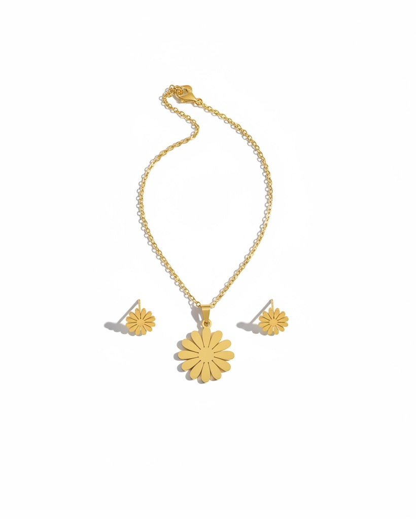 Stainless Steel Golden Flower Pendant Necklace and Earrings