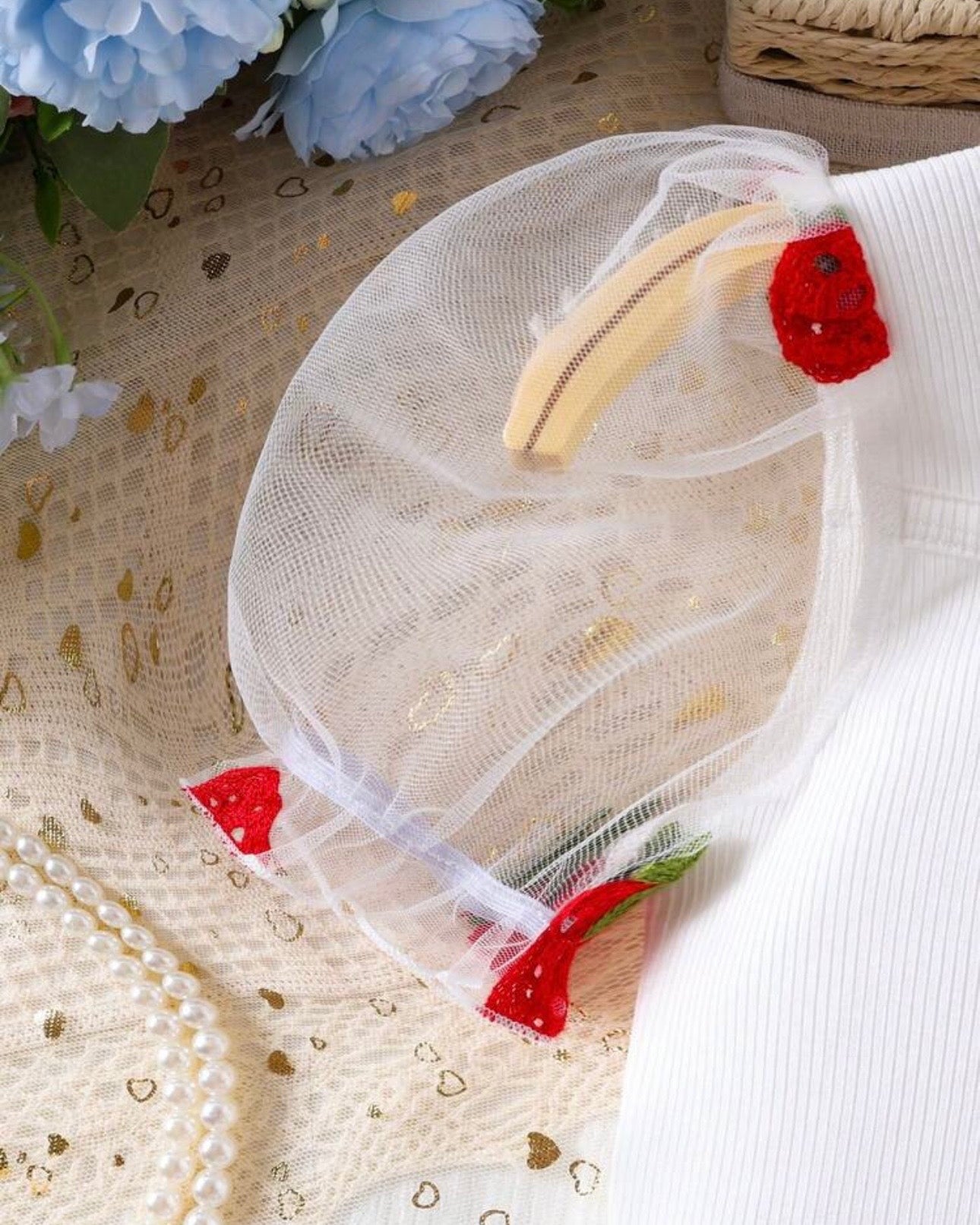 Baby Girl Strawberry Petal Sleeve Mesh Top & Skirt Set