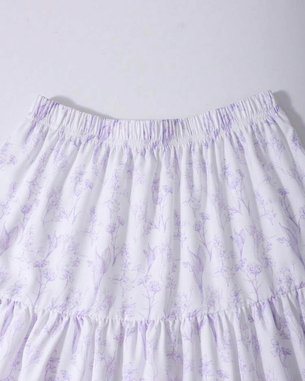 Tween Girl 2Pcs Outfit – Light Purple Faux Pearl Top & Floral Ruffle Skirt Set