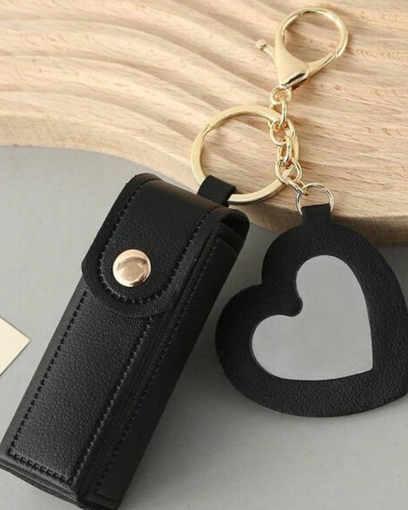 Leather Portable Mini Lipstick Case With Mirror & Keychain