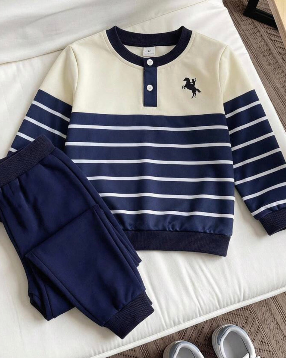 Boys Beige & Blue Striped 2-Piece Sweatshirt & Pants Set