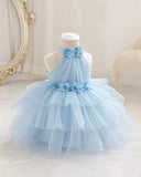 Girls Floral 3D Decor Sleeveless Tulle Ice Blue Dress