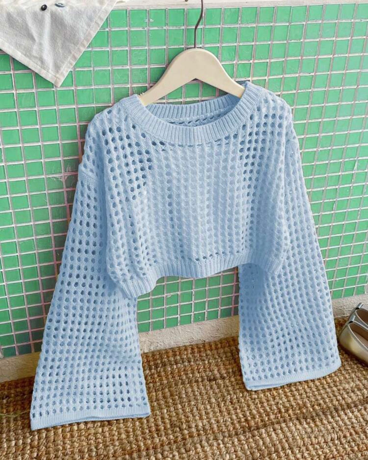 Tween Girls Teal Blue Crew Neck Long Sleeve Hollow Knitwear