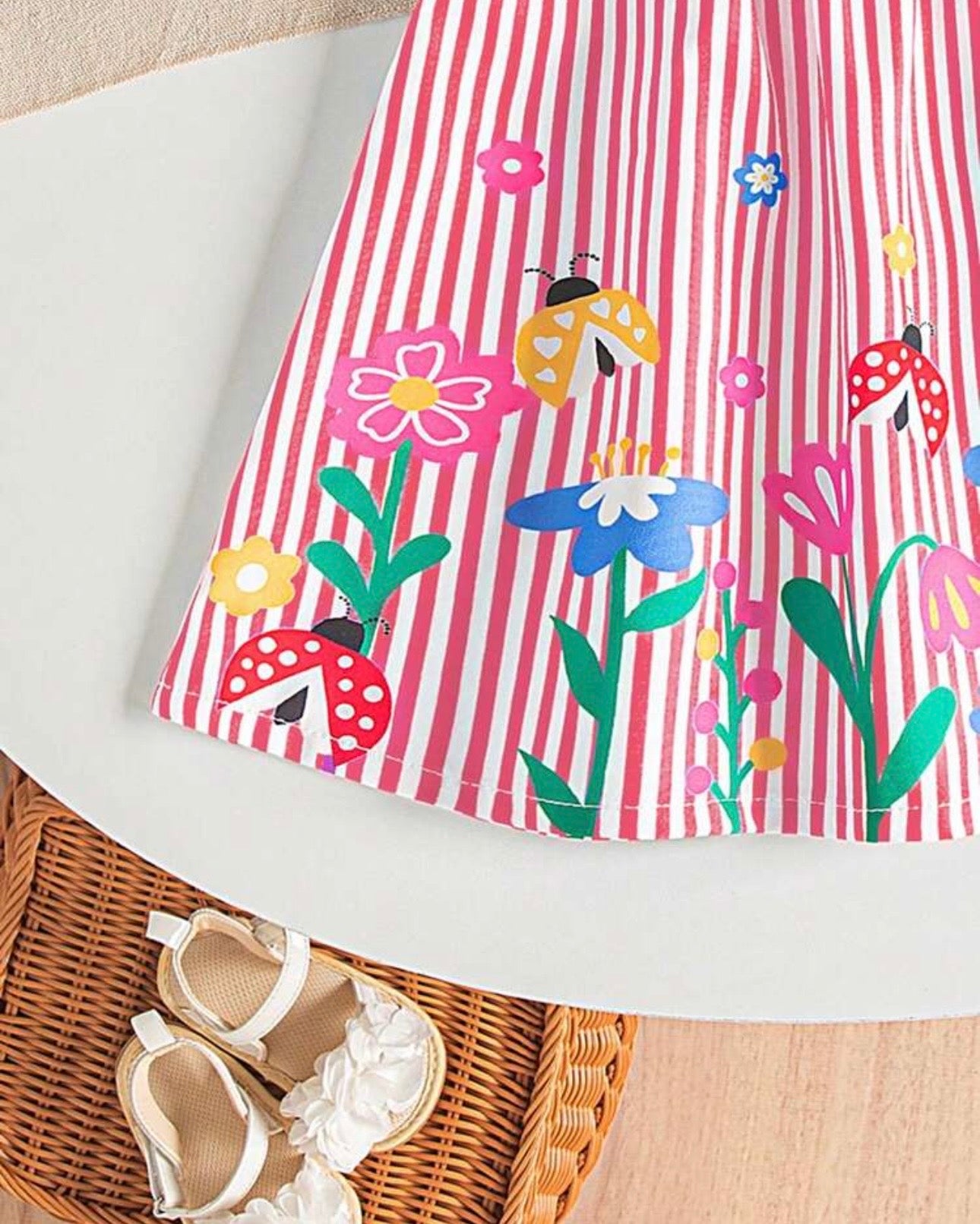Baby Girl Pink Floral & Honey Bee Print Suspender Dress with Bow