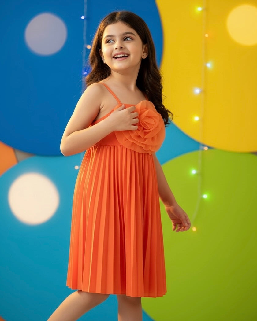 Solid Color 3D Floral Strap Elastic Waist A-Line Pleated Dress – Girls