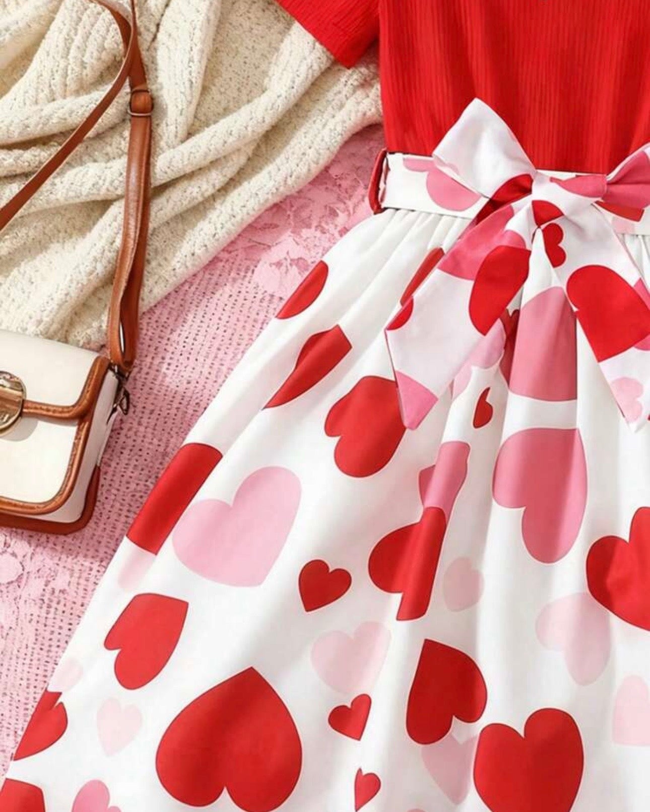 Girls Red Knit Dress with Heart Hem & Tie Waist – Cute Summer Casual Dress for Kids
