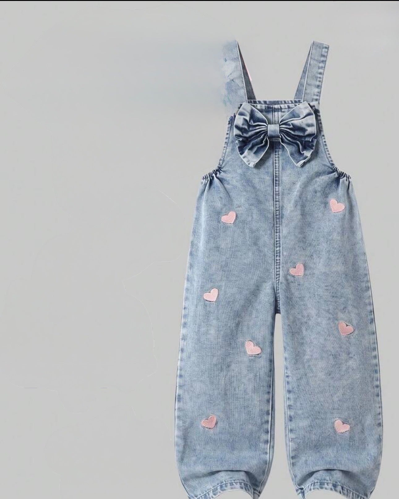 Girls Light Blue Denim Jumpsuit with Pink Heart Embroidery & Bow