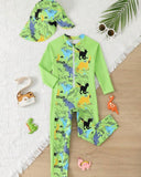 Boys Green Animals Print Long Sleeve One-Piece Swimsuit and Hat
