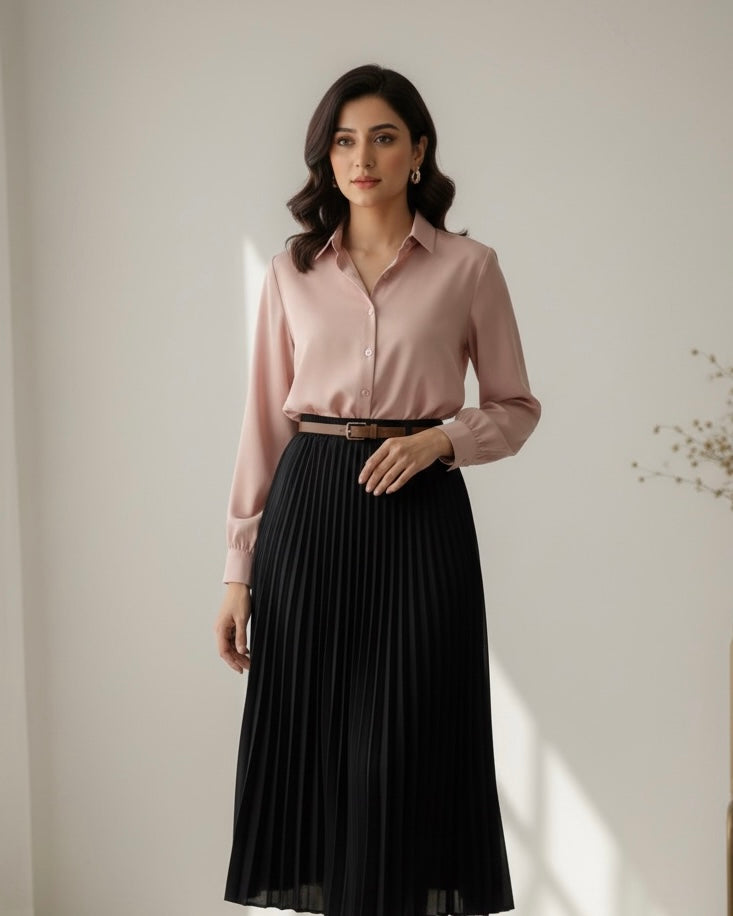 Solid Color Long Sleeve Shirt Paired With A-Line Skirt, Pleated Skirt Comes With Belt