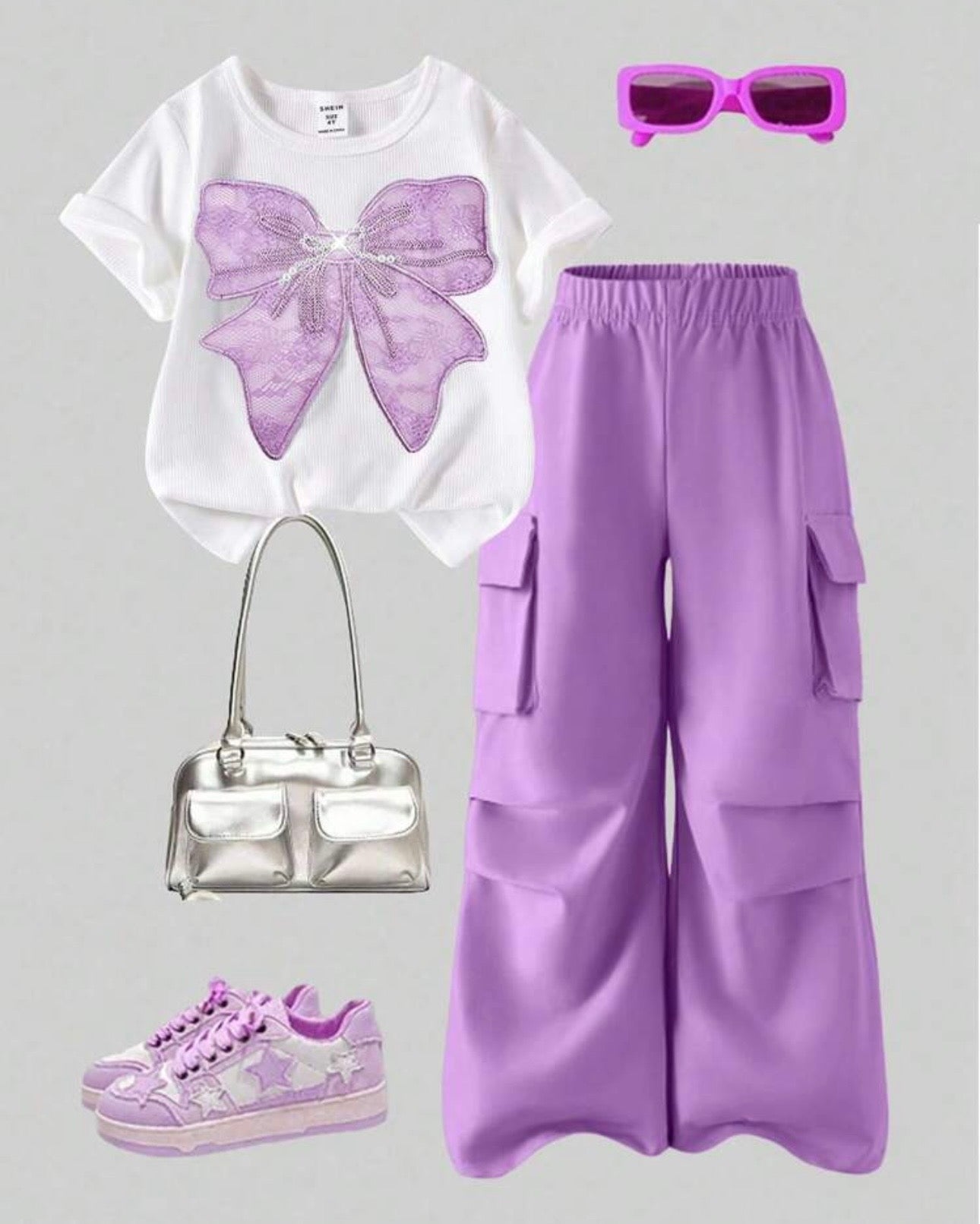 Tween Girls Purple Bow Embroidery T-Shirt & Cargo Pants Set