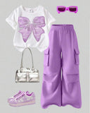 Tween Girls Purple Bow Embroidery T-Shirt & Cargo Pants Set