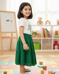 2pcs Girl Green Floral Print Shirt and Silhouette Skirt Set